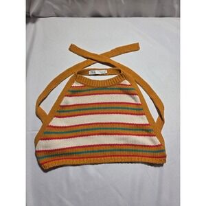 ZARA Women Striped Knit Halter Crop Top Mustard Yellow Red Teal Small Boho Retro